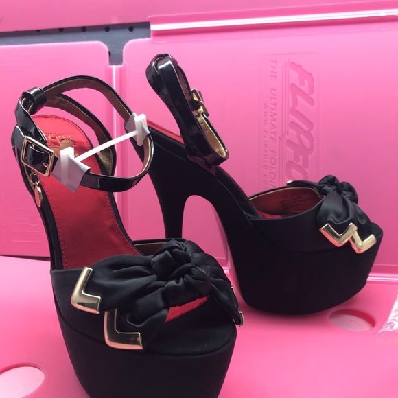 Sam Edelman pinup black satin bow platform heels - Picture 5 of 8